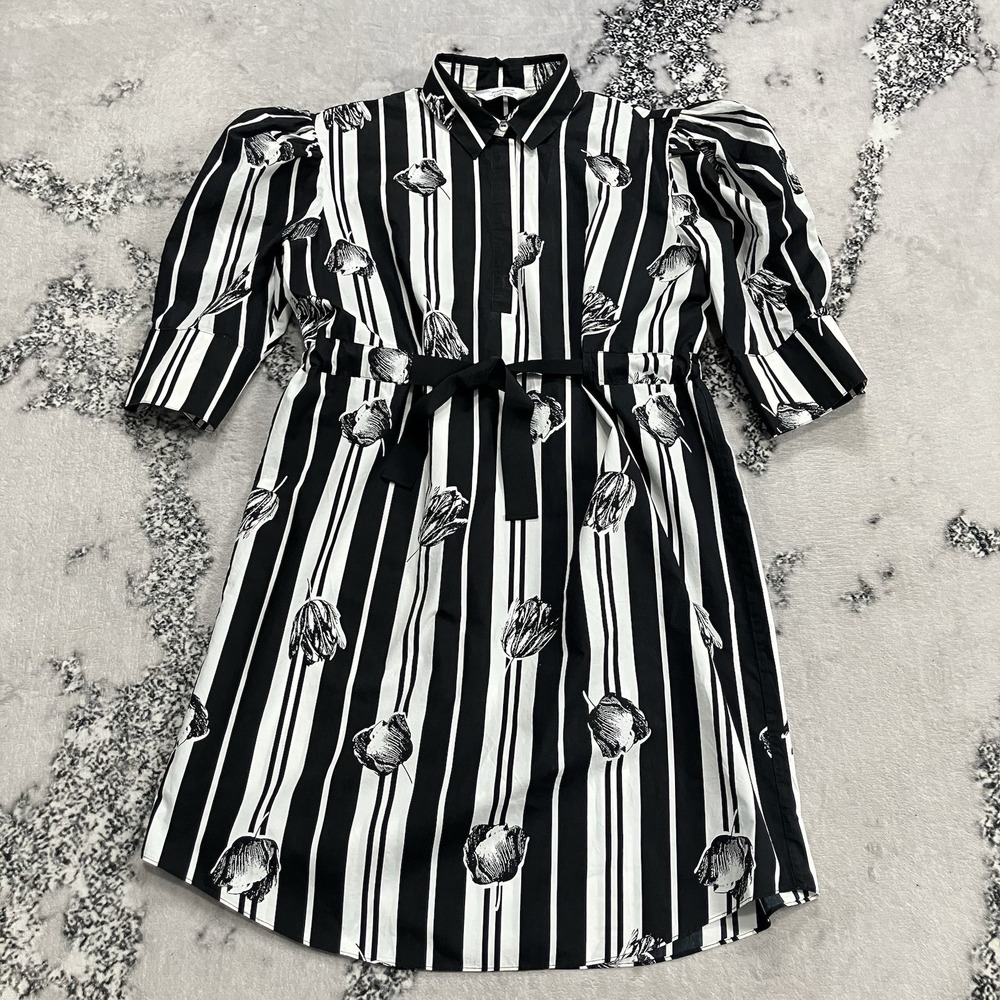 & Other Stories Striped Floral Shirt Dress Black White Puff Sleeve Womens Size 6